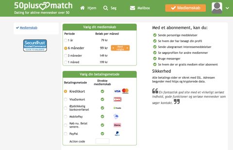 Skærmbillede af priserne hos 50plusmatch