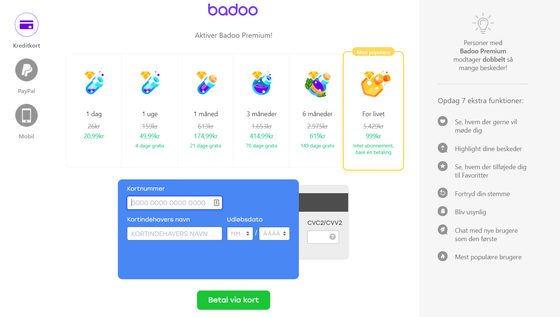 Skærmbillede af priserne hos Badoo