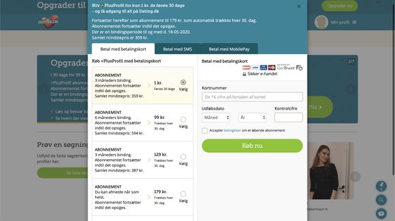 Skærmbillede af priserne hos Dating.dk
