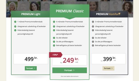 Skærmbillede af priserne hos Partner med Niveau